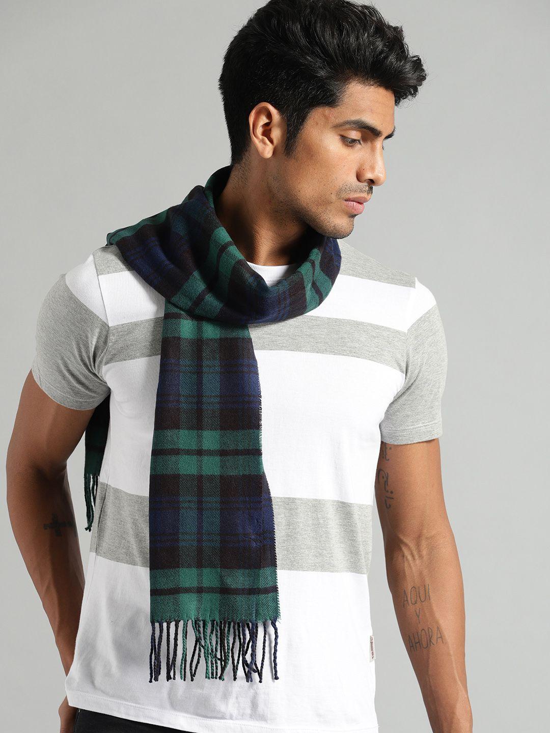 the roadster lifestyle co unisex navy blue & green checked acrylic scarf
