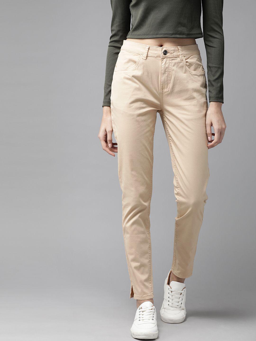 the roadster lifestyle co women beige slim fit solid chinos