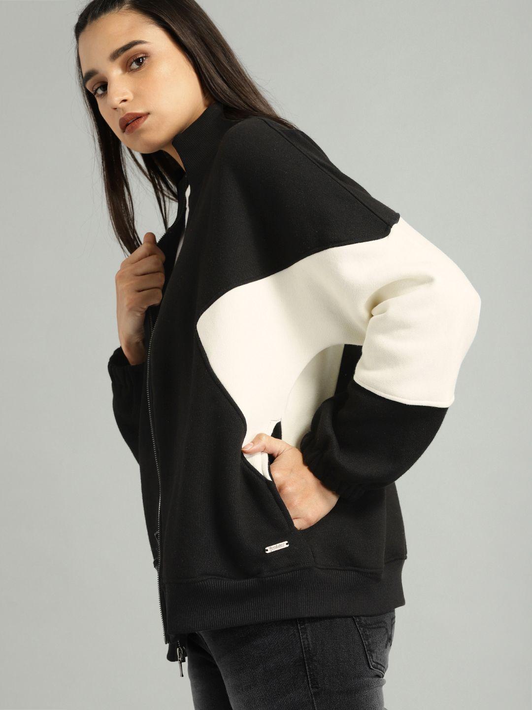 the roadster lifestyle co women black & off-white colourblocked sweatshirt