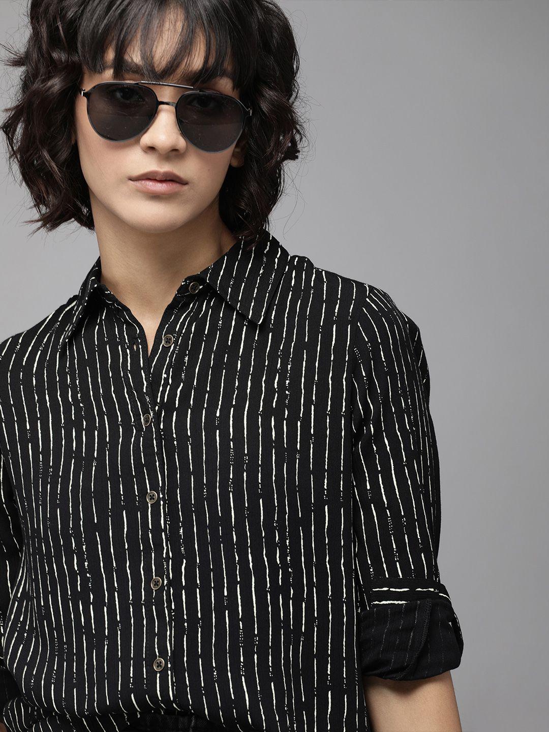 the roadster lifestyle co women black & white regular fit striped casual shirt