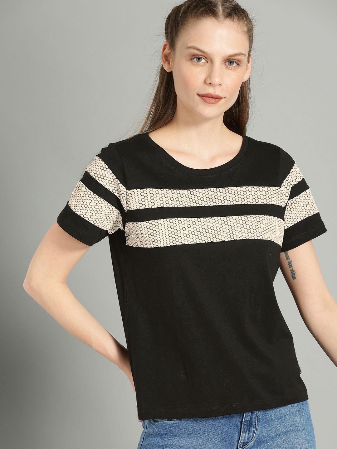 the roadster lifestyle co women black  beige striped round neck pure cotton t-shirt