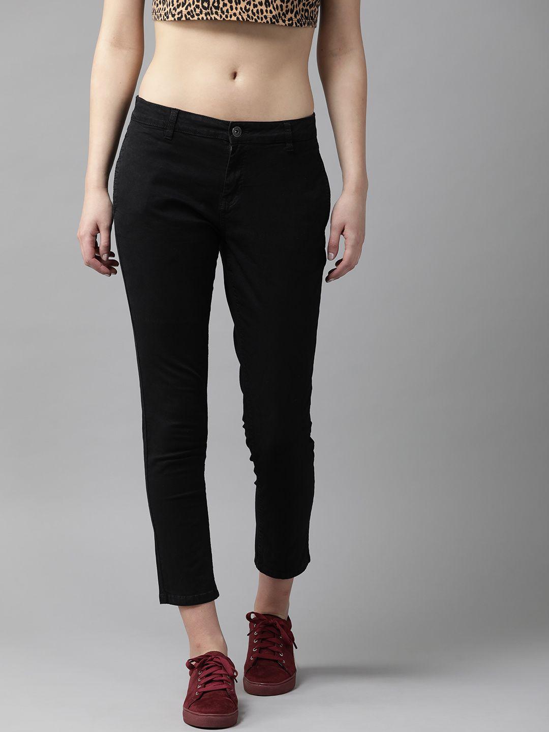 the roadster lifestyle co women black regular fit solid cropped trousers