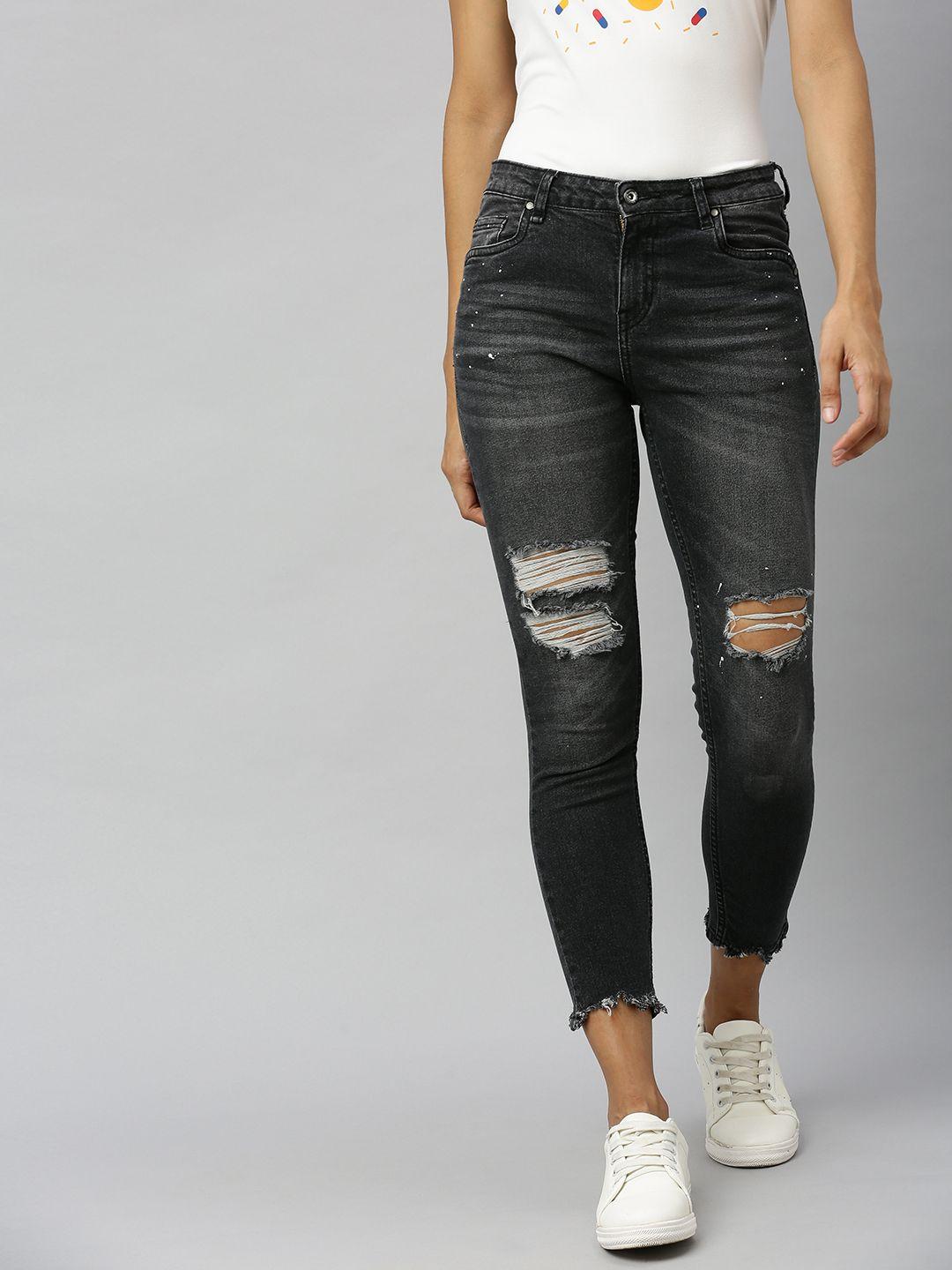 the roadster lifestyle co women black skinny fit mid-rise highly distressed stretchable jeans