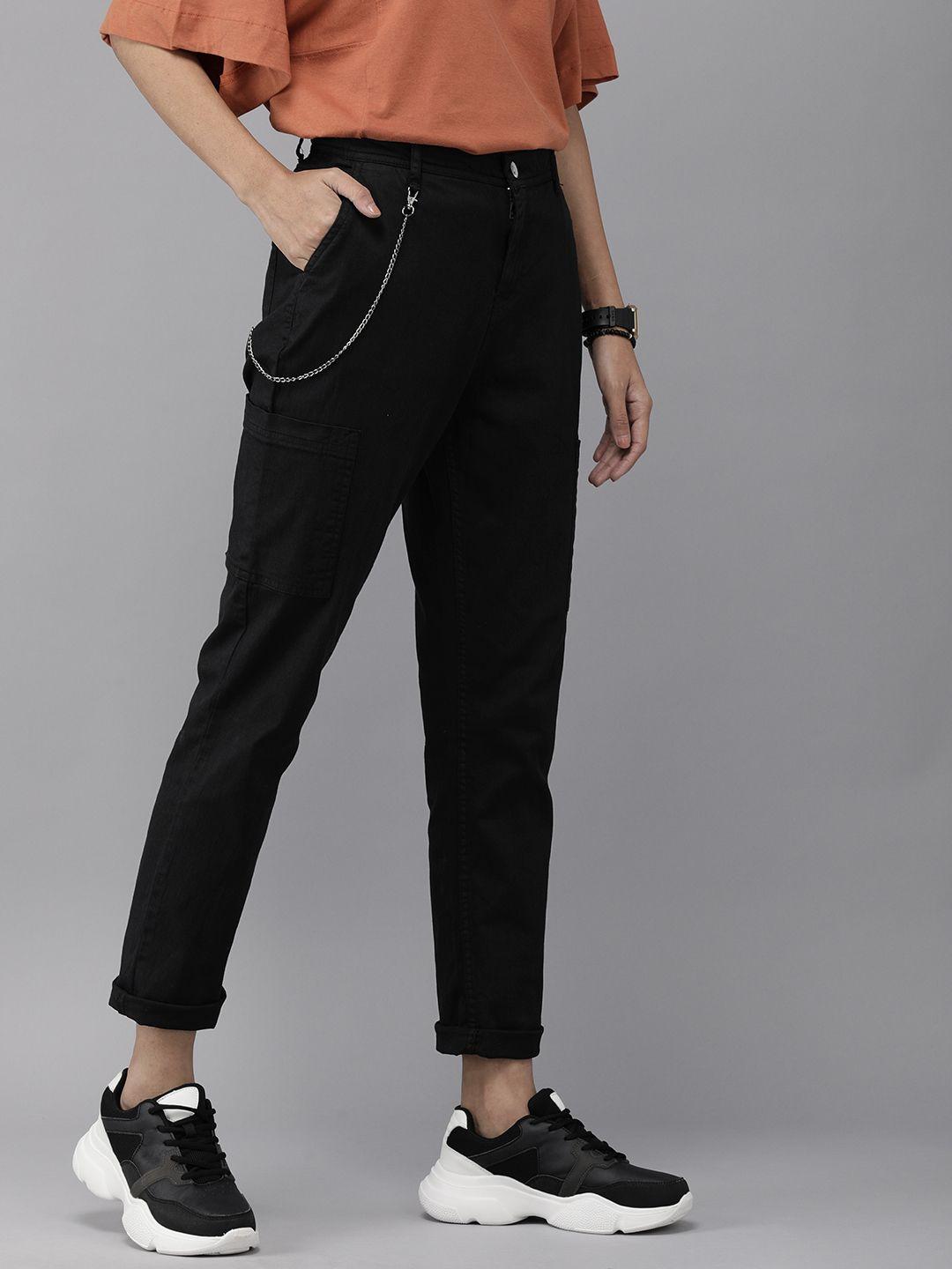 the roadster lifestyle co women black slim fit high-rise trousers