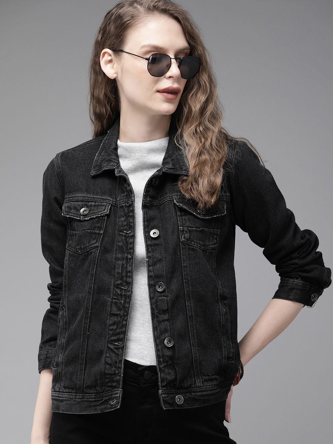 the roadster lifestyle co women black solid denim jacket