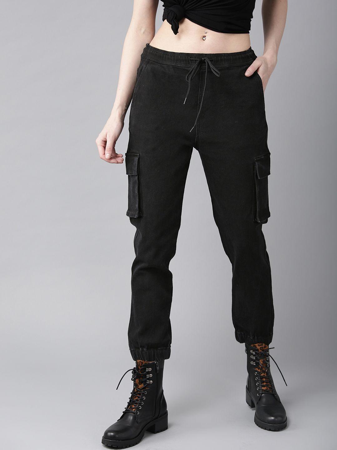 the roadster lifestyle co women black straight fit solid cropped denim joggers