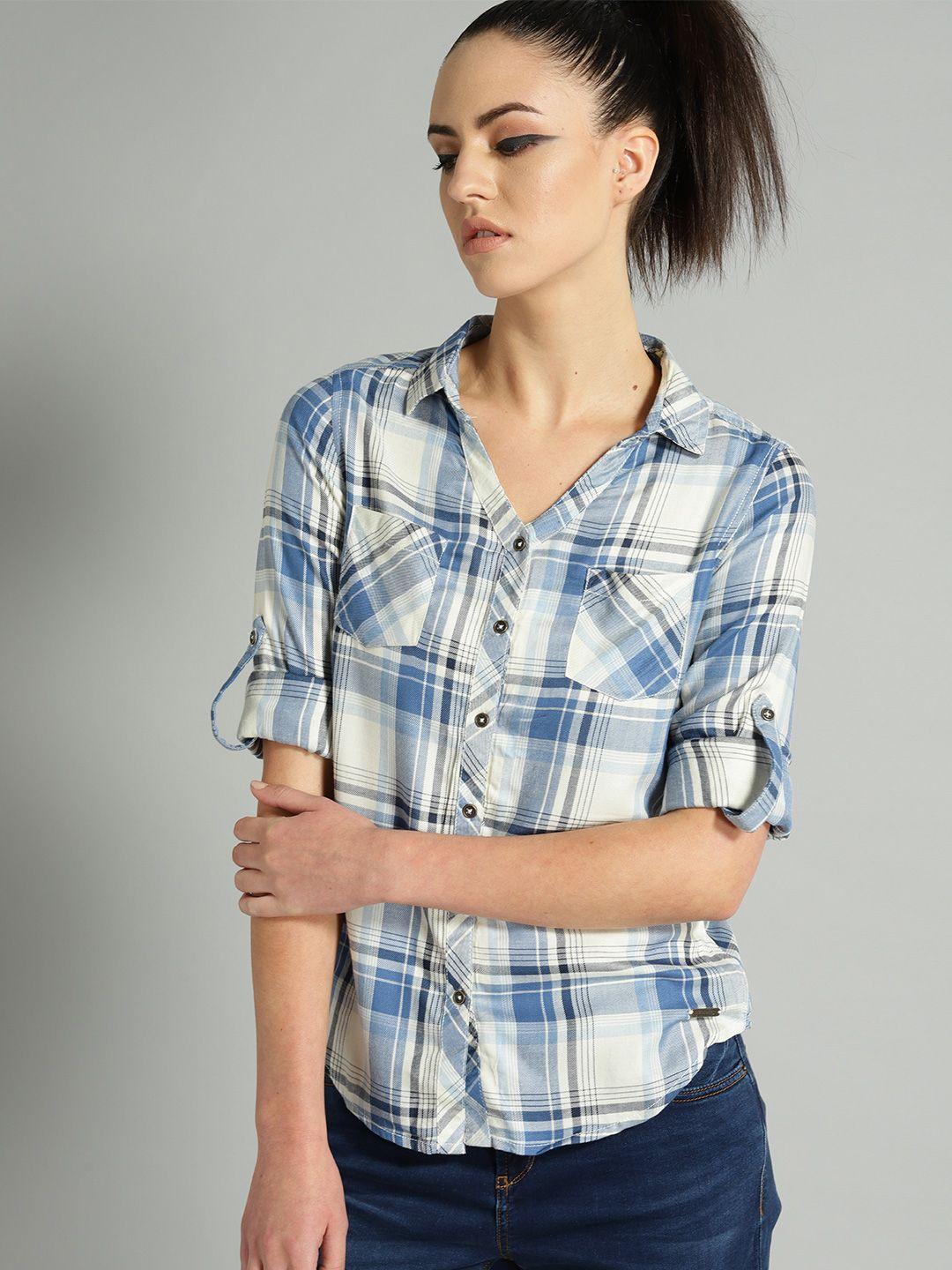 the roadster lifestyle co women blue & off-white regular fit checked sustainable casual shirt