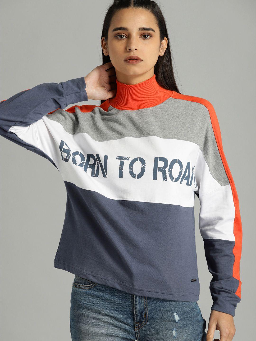 the roadster lifestyle co women blue & white colourblocked sweatshirt