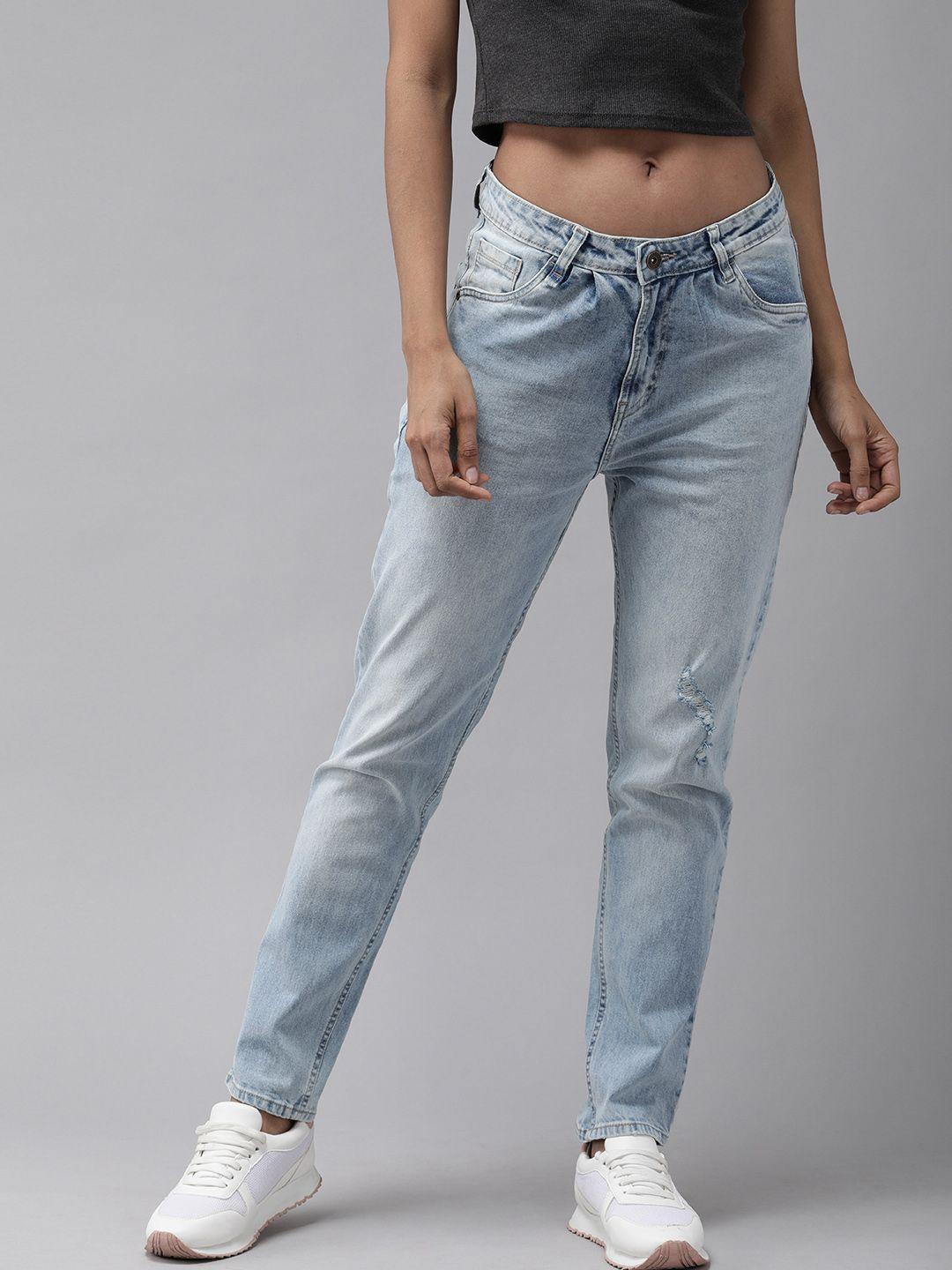 the roadster lifestyle co women blue boyfriend fit mid-rise low distress stretchable jeans