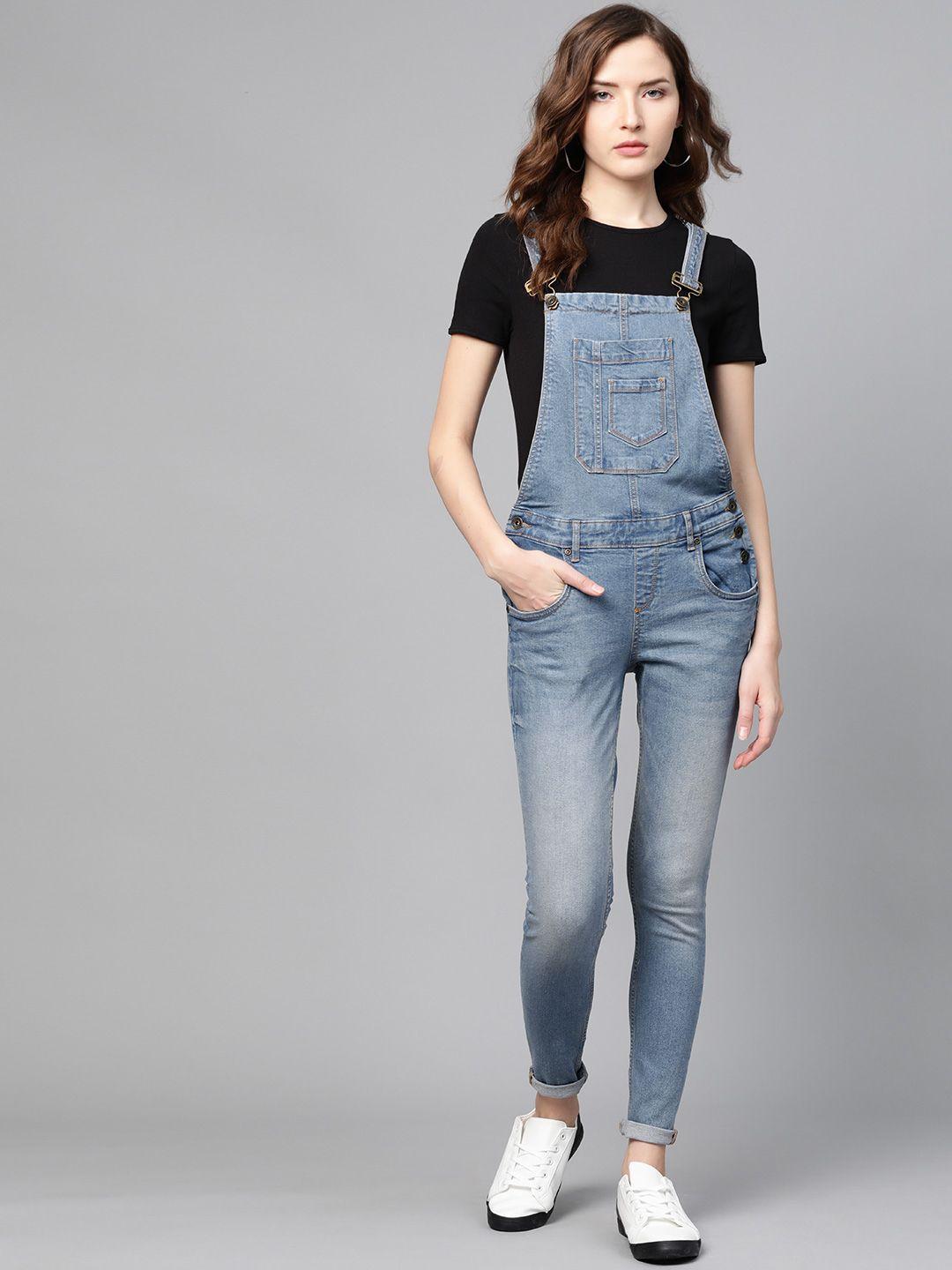 the roadster lifestyle co women blue faded skinny fit denim dungaree