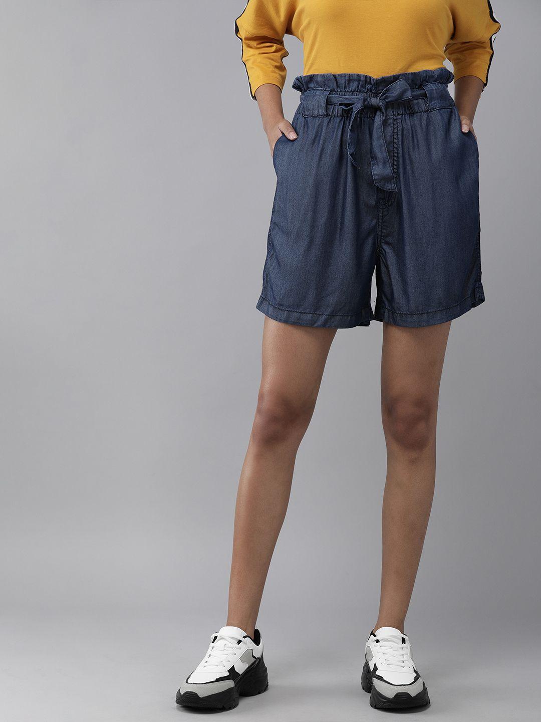 the roadster lifestyle co women blue high-rise paperbag denim shorts