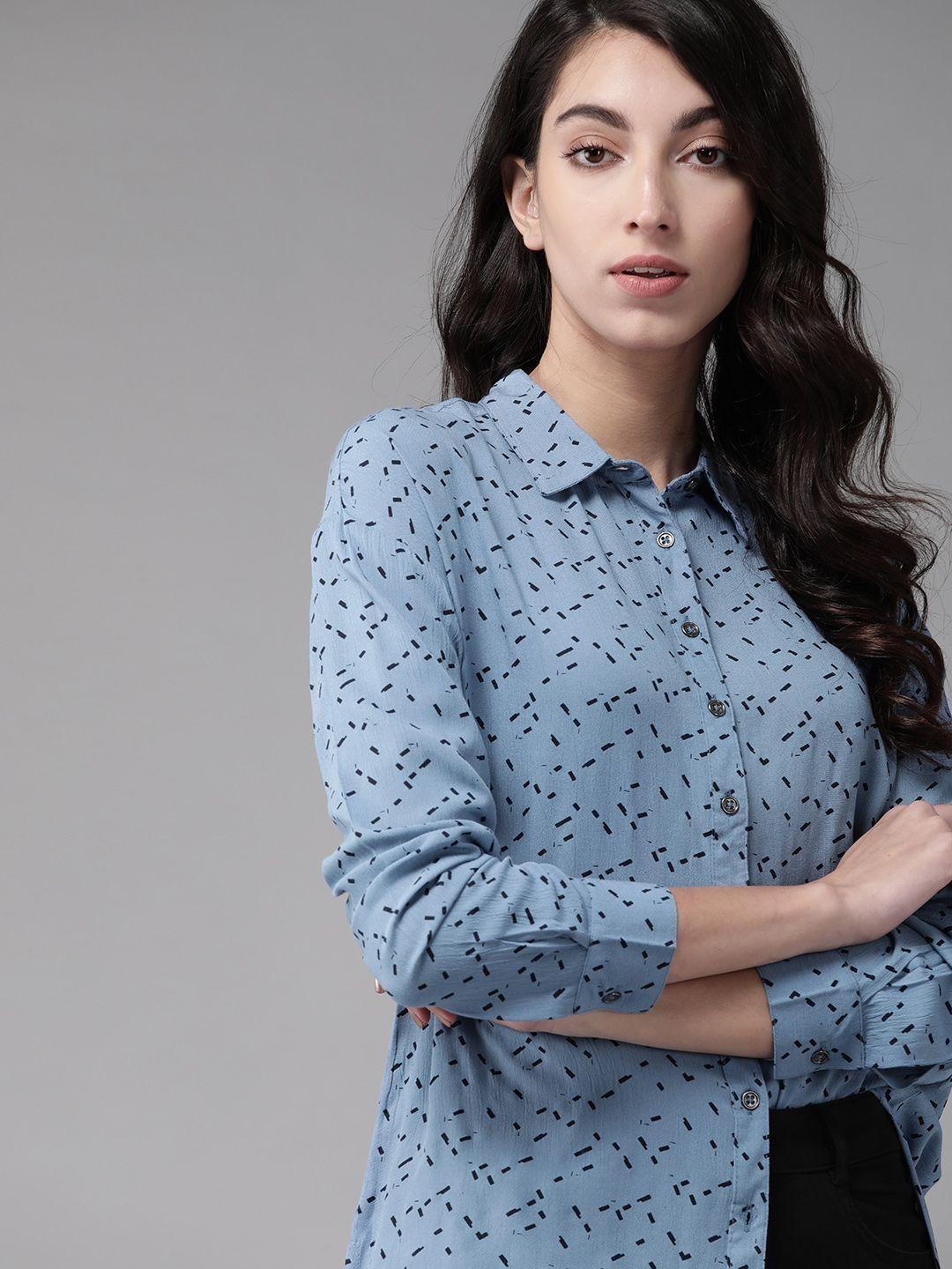 the roadster lifestyle co women blue regular fit printed casual shirt