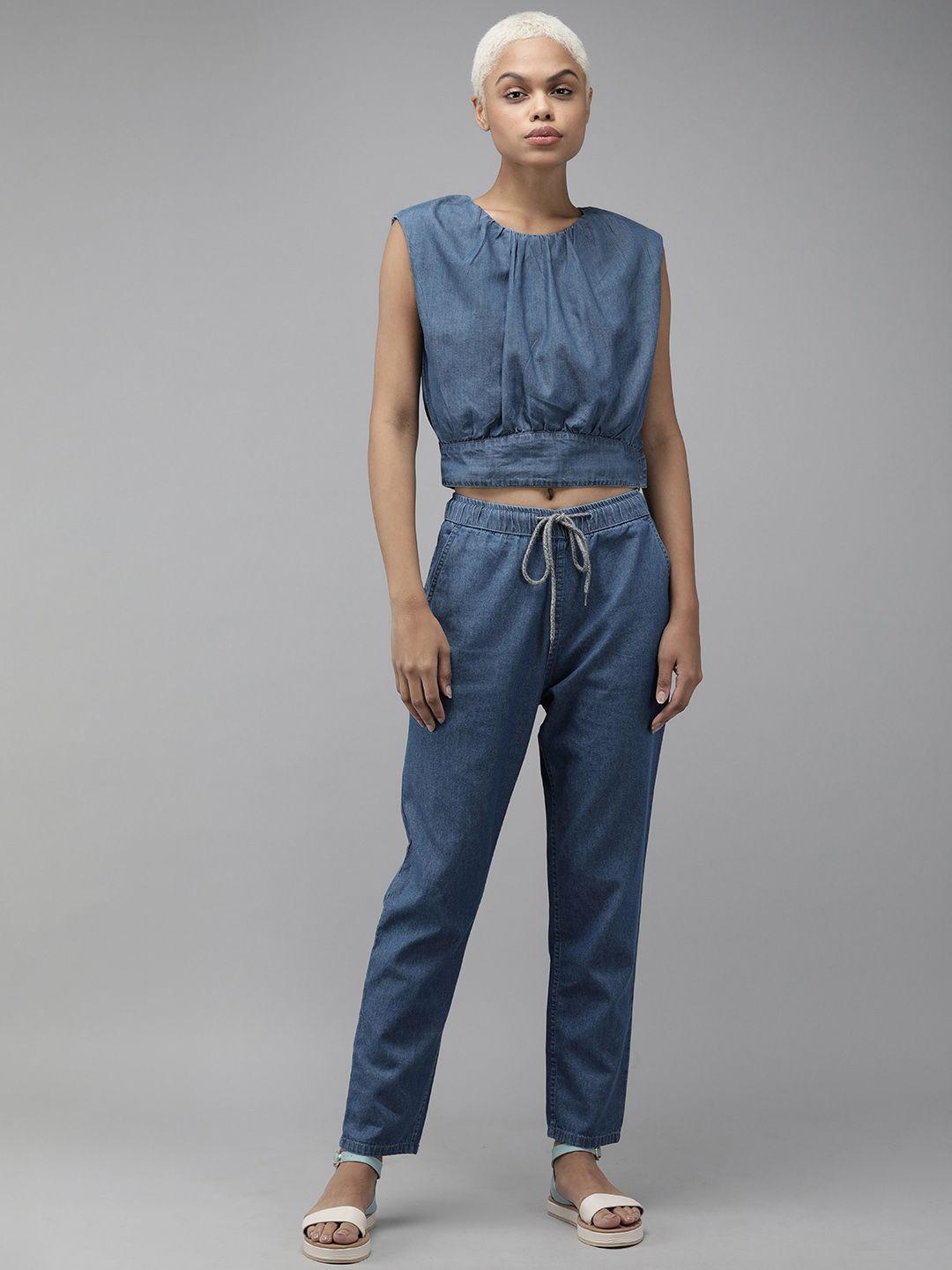 the roadster lifestyle co women blue solid denim co-ord set