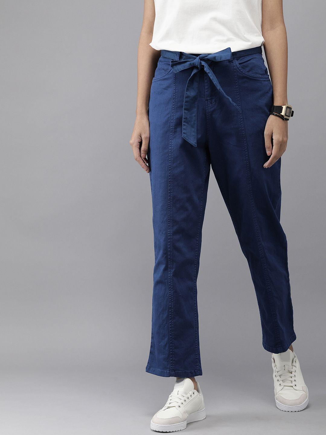 the roadster lifestyle co women blue straight fit high-rise pleated trousers