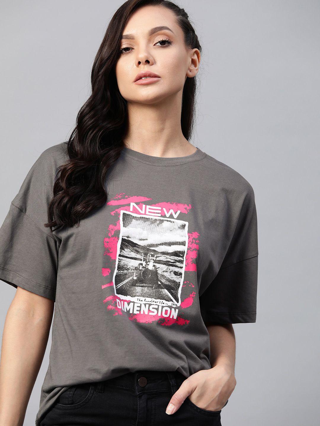 the roadster lifestyle co women charcoal grey & white cotton graphic print drop-shoulder sleeves t-shirt