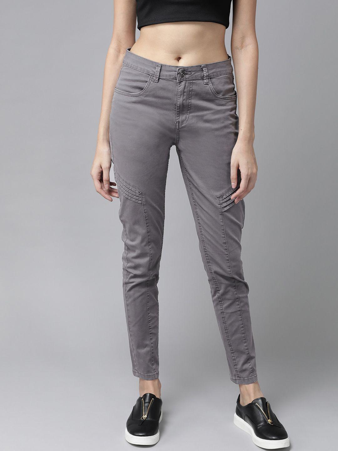 the roadster lifestyle co women charcoal grey slim fit solid chinos