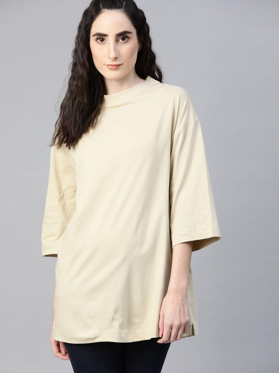 the roadster lifestyle co women cream-coloured drop-shoulder sleeves pure cotton longline boxy pure cotton t-shirt