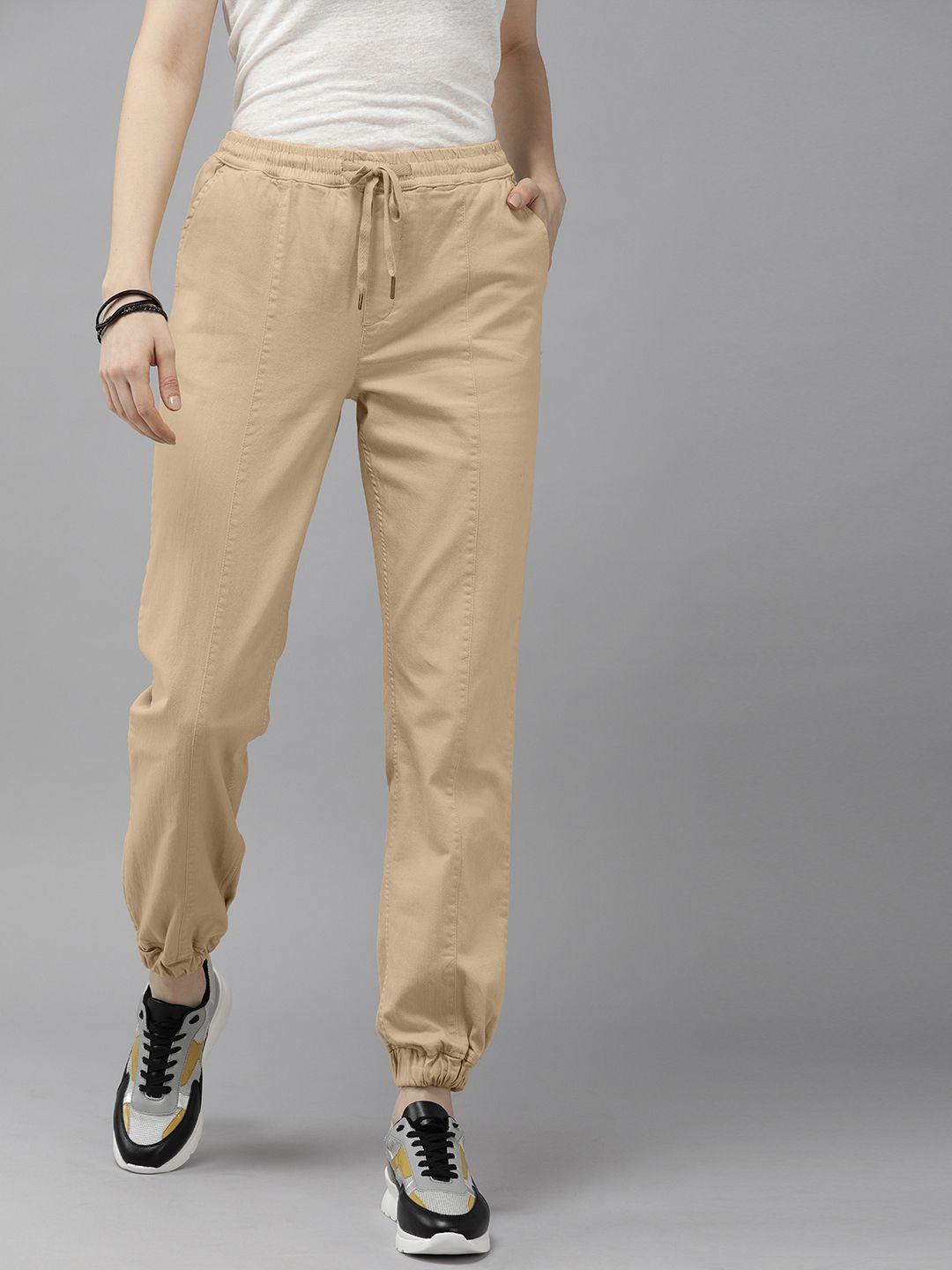 the roadster lifestyle co women cream-coloured high-rise joggers trousers