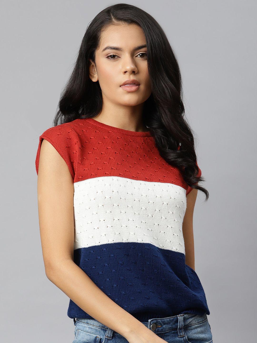 the roadster lifestyle co women crochet knit red  white cotton colourblocked extended sleeves regular top