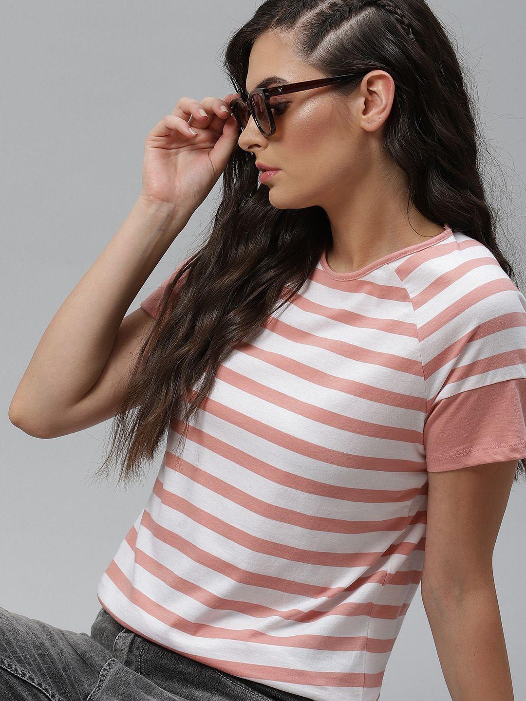 the roadster lifestyle co women dusty pink  white cotton striped round neck pure cotton t-shirt