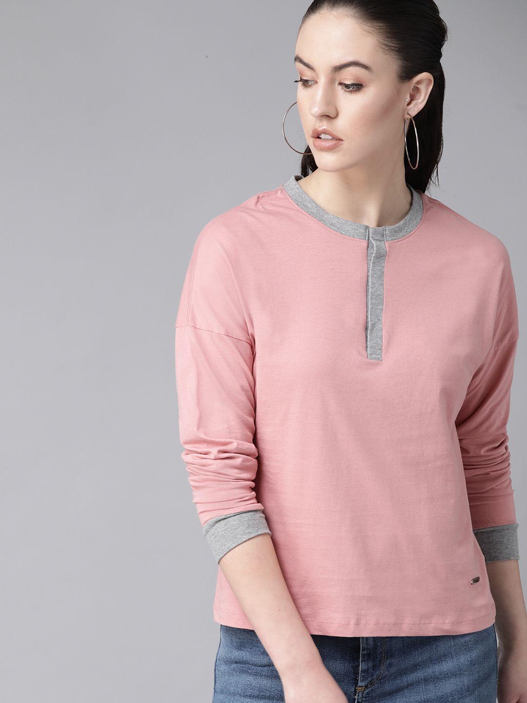 the roadster lifestyle co women dusty pink solid henley neck pure cotton t-shirt