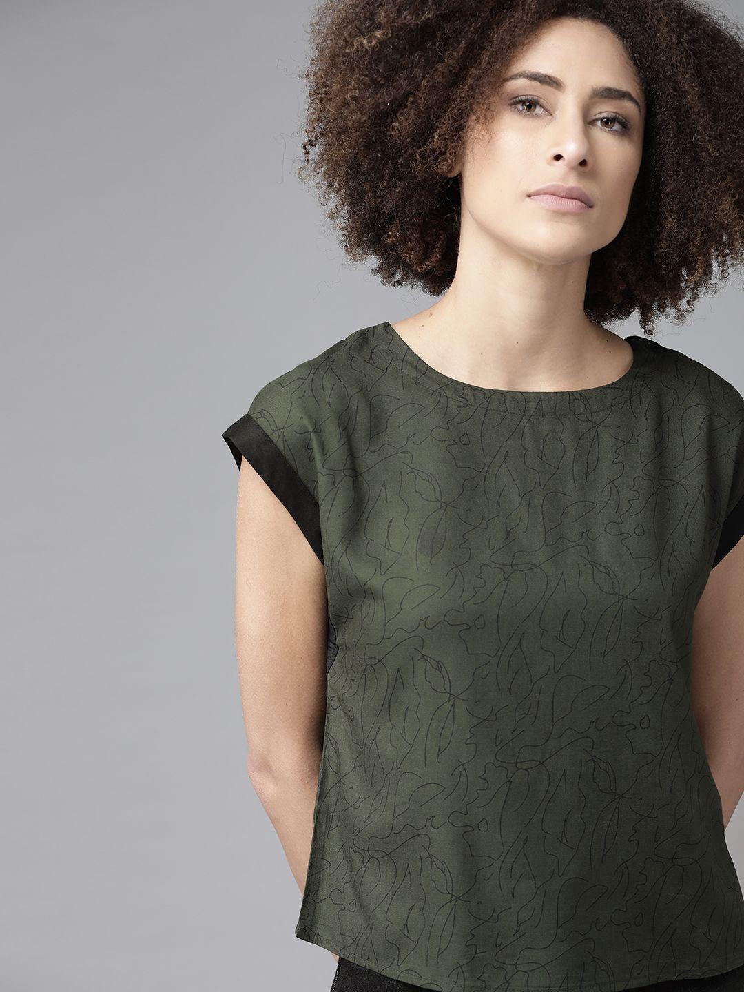 the roadster lifestyle co women ecovero olive green  black printed regular top