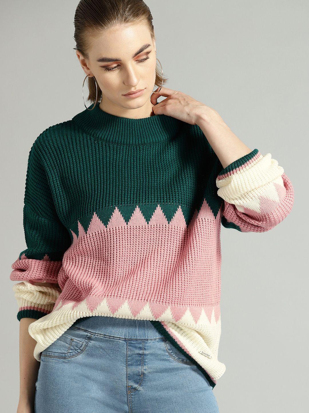 the roadster lifestyle co women green & pink colourblocked sweater