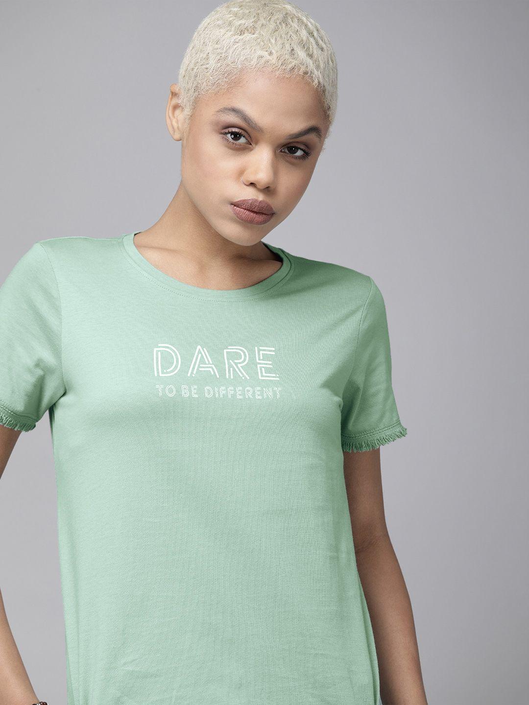 the roadster lifestyle co women green & white printed pure cotton t-shirt
