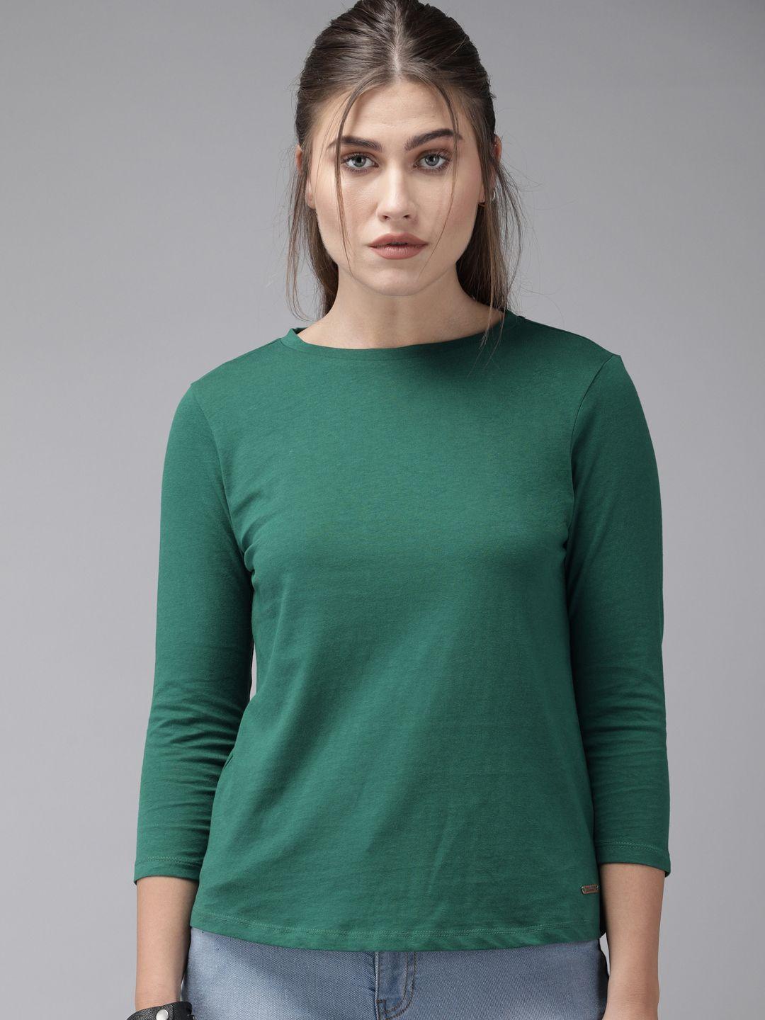 the roadster lifestyle co women green solid round neck t-shirt