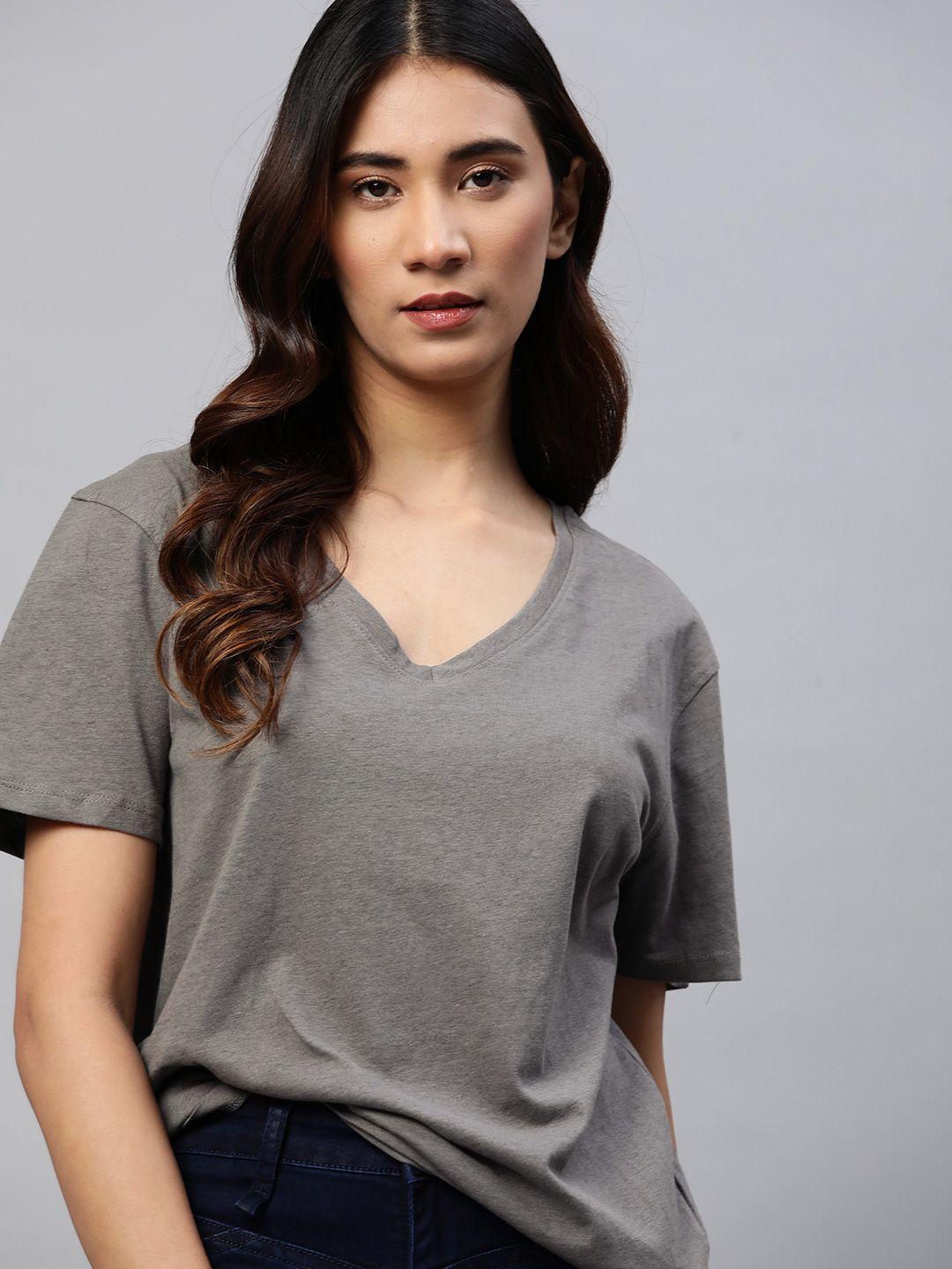 the roadster lifestyle co women grey solid pure cotton v-neck extended sleeves t-shirt