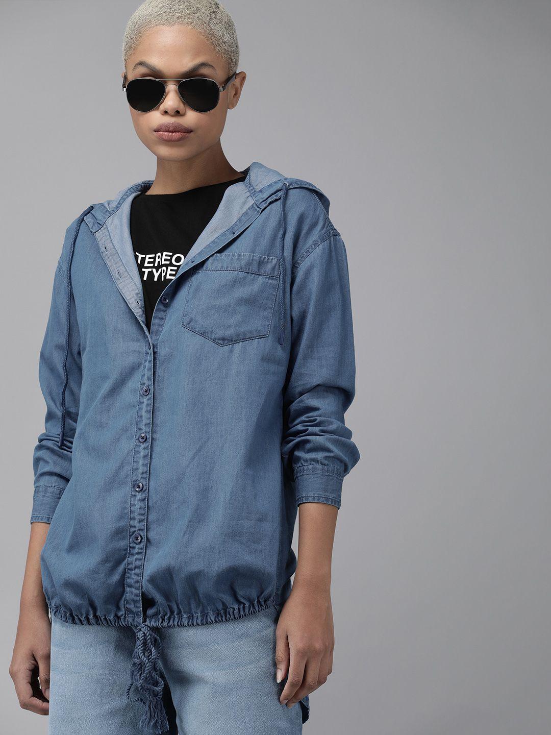 the roadster lifestyle co women indigo solid hooded casual shirt