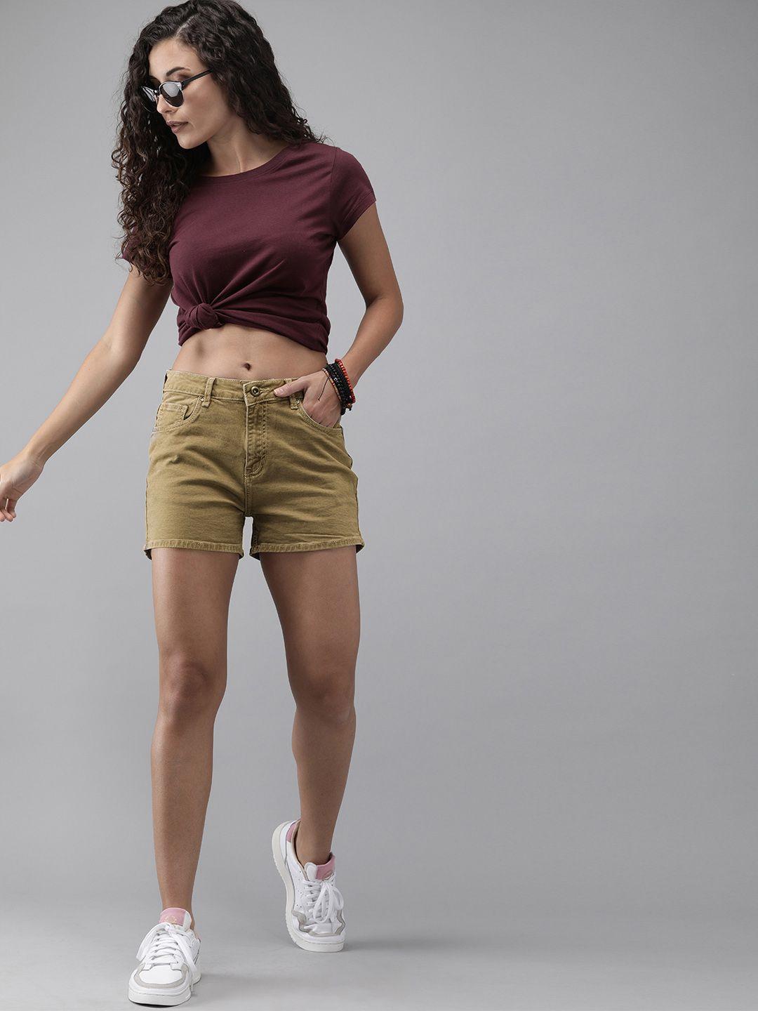 the roadster lifestyle co women khaki solid regular fit denim shorts