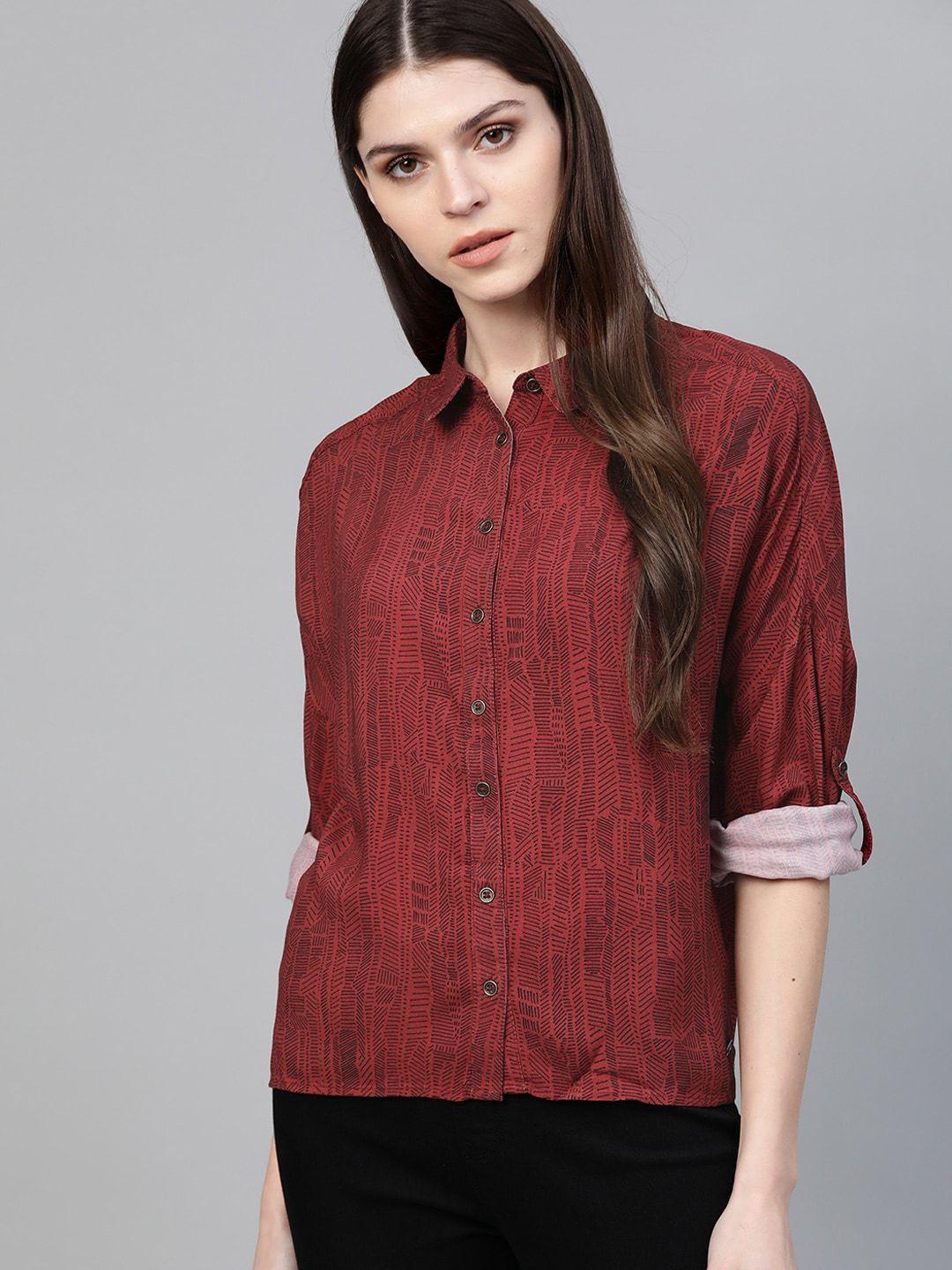 the roadster lifestyle co women maroon & black boxy printed casual sustainable shirt