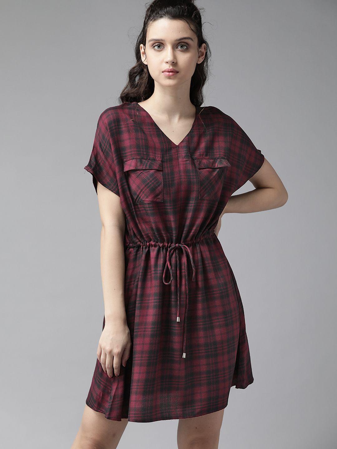 the roadster lifestyle co women maroon  black checked a-line sustainable ecovero dress