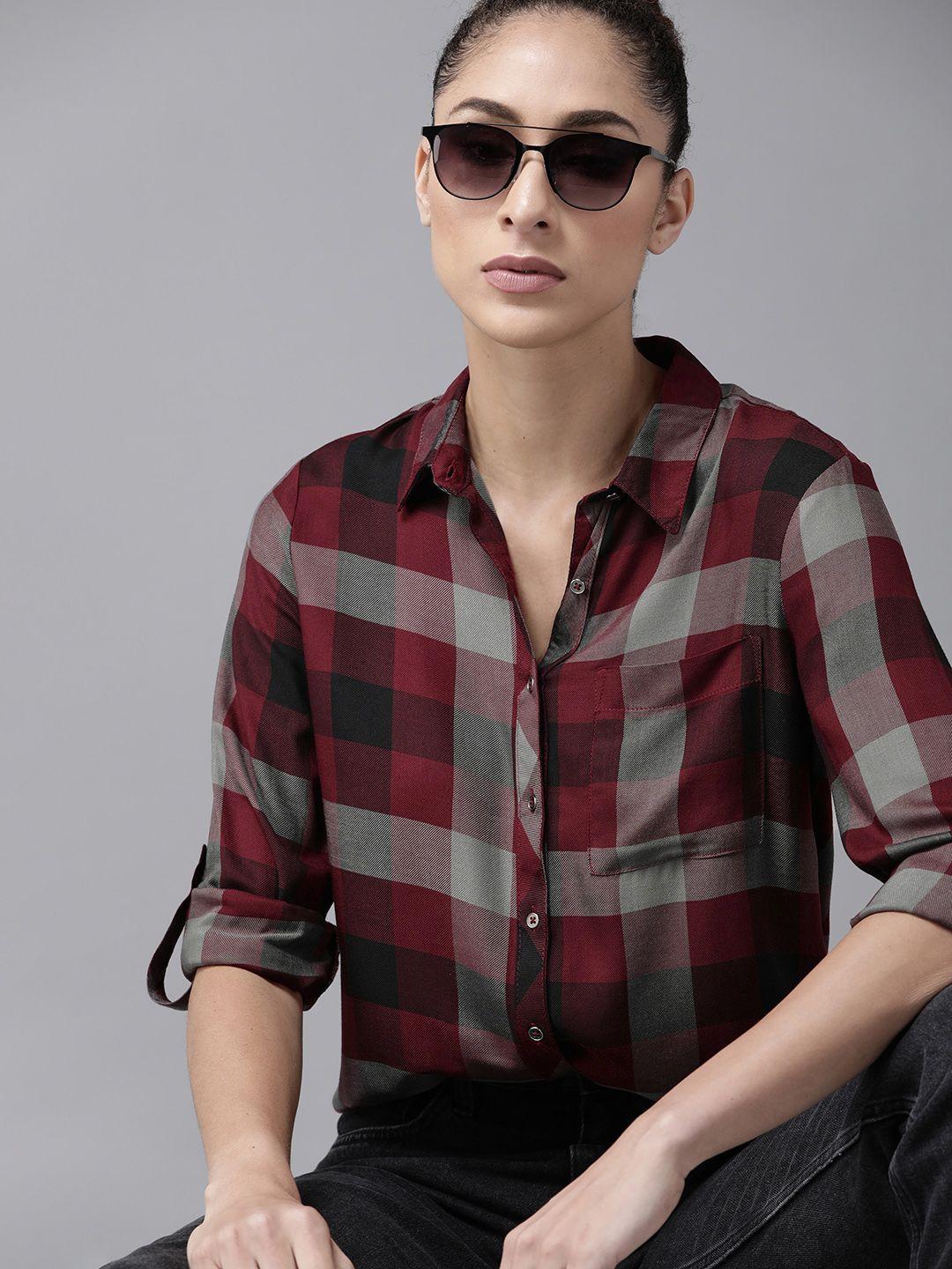 the roadster lifestyle co women maroon ecovero  buffalo checks casual shirt