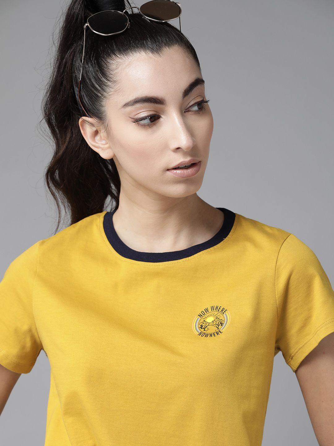 the roadster lifestyle co women mustard pure cotton solid round neck pure cotton t-shirt