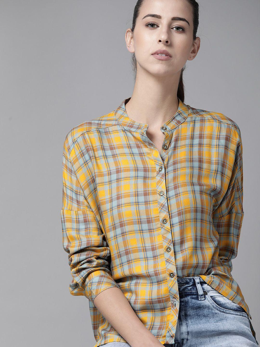 the roadster lifestyle co women mustard yellow & blue tartan checked casual shirt
