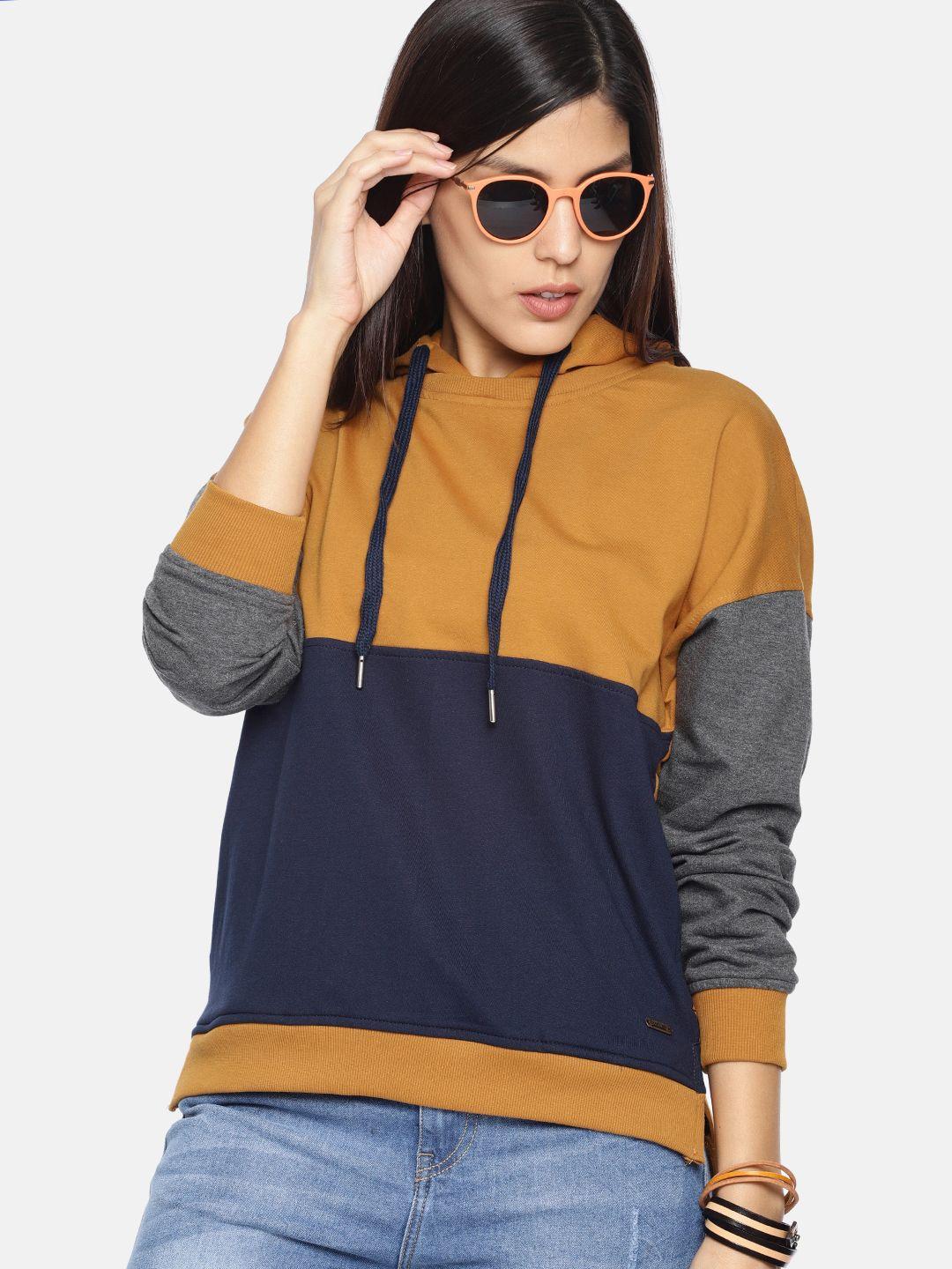 the roadster lifestyle co women mustard yellow & navy blue colourblocked hooded sweatshirt