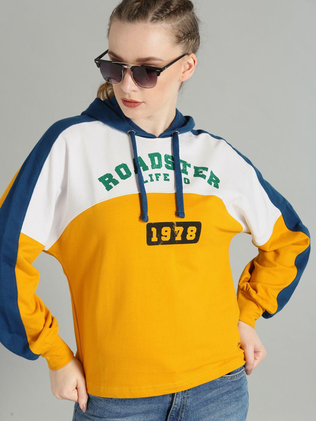 the roadster lifestyle co women mustard yellow & white colourblocked hooded sweatshirt