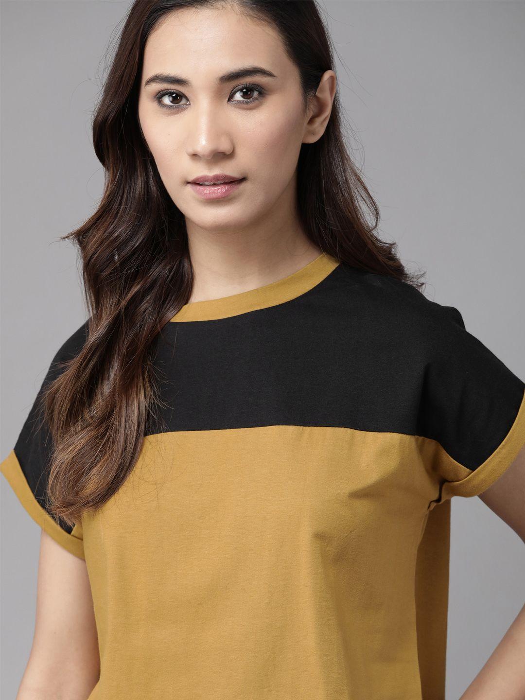 the roadster lifestyle co women mustard yellow  black colourblocked round neck pure cotton t-shirt