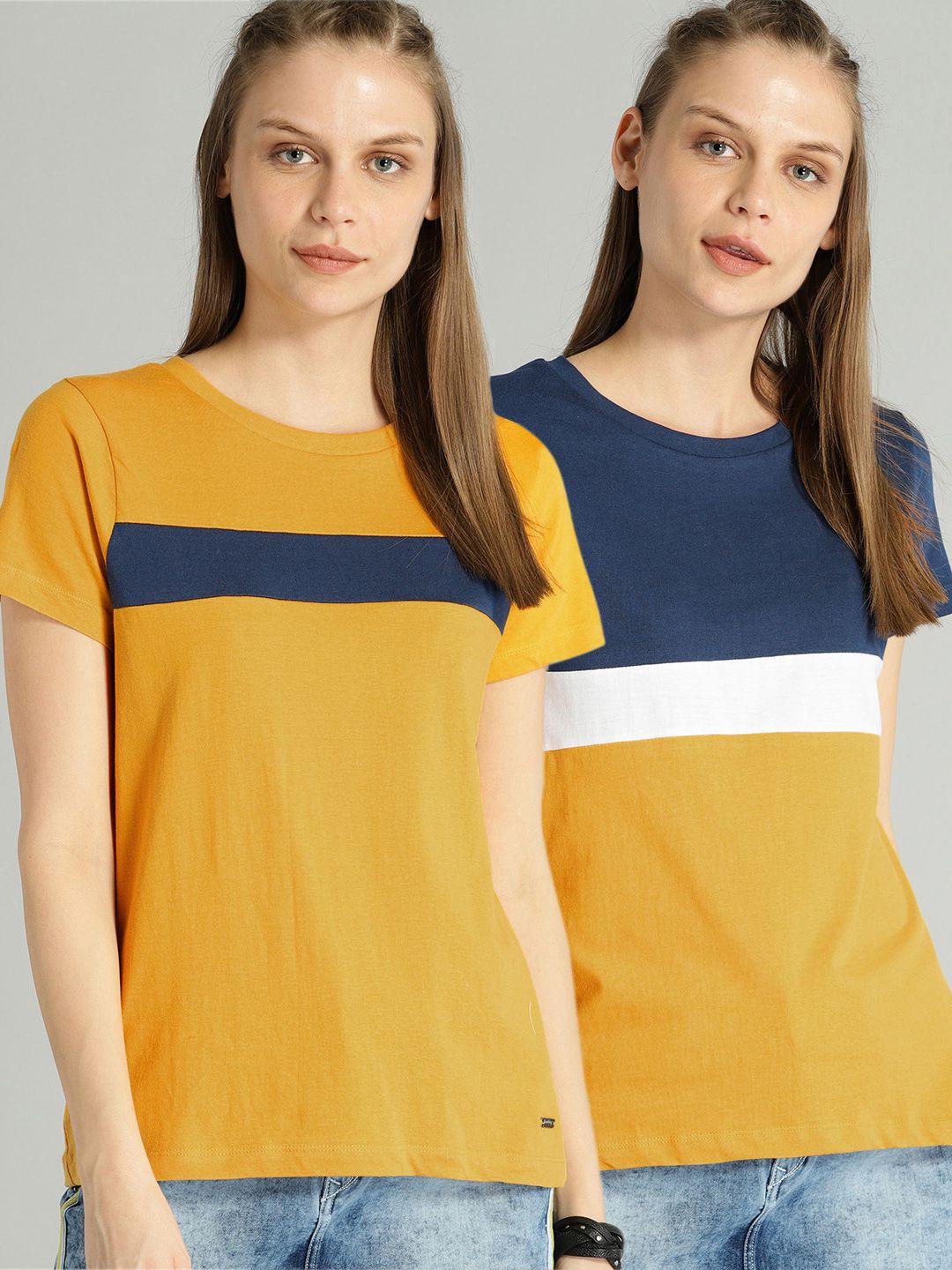 the roadster lifestyle co women mustard yellow  teal blue colourblocked round neck pure cotton t-shirt