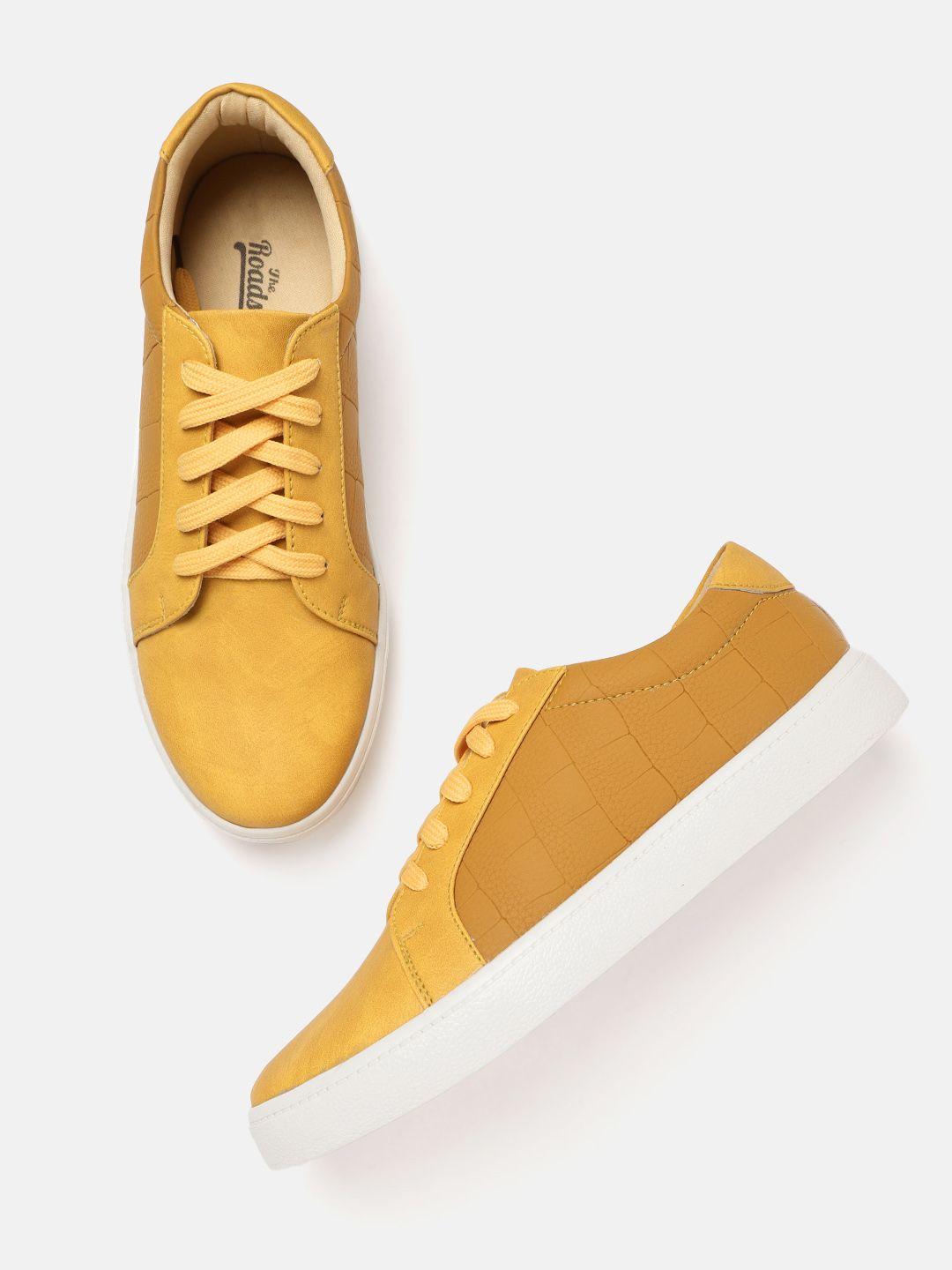 the roadster lifestyle co women mustard yellow croc textured sneakers