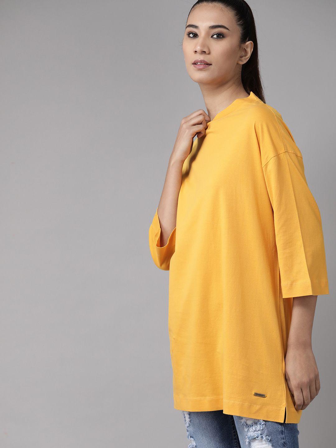 the roadster lifestyle co women mustard yellow solid longline oversized t-shirt