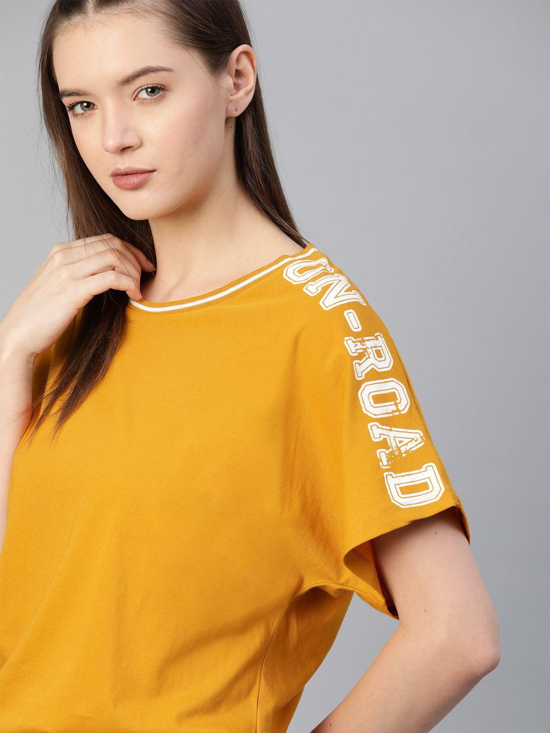 the roadster lifestyle co women mustard yellow solid pure cotton extended sleeves t-shirt