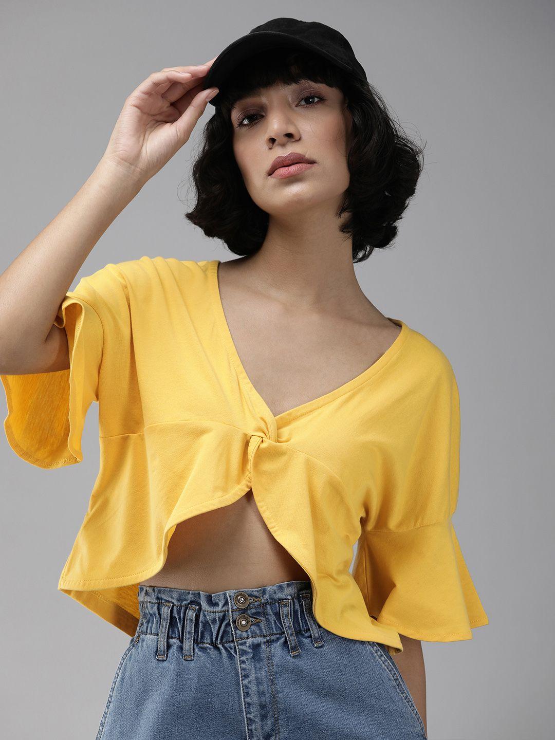 the roadster lifestyle co women mustard yellow solid twisted crop top