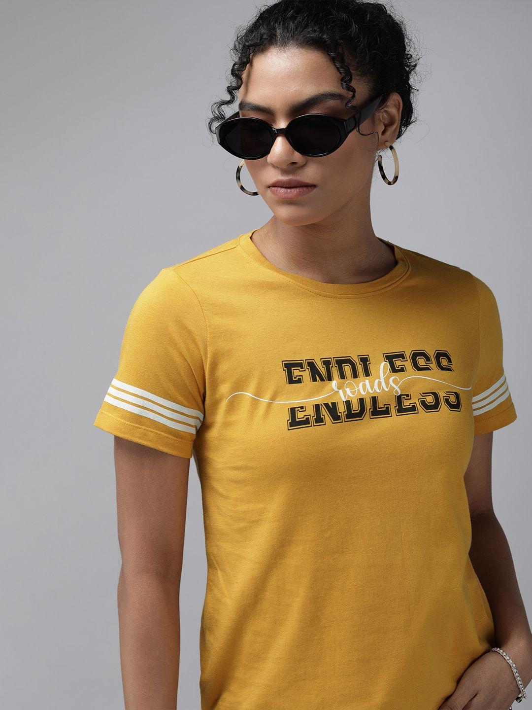 the roadster lifestyle co women mustard yellow typography print round neck pure cotton t-shirt with stripes