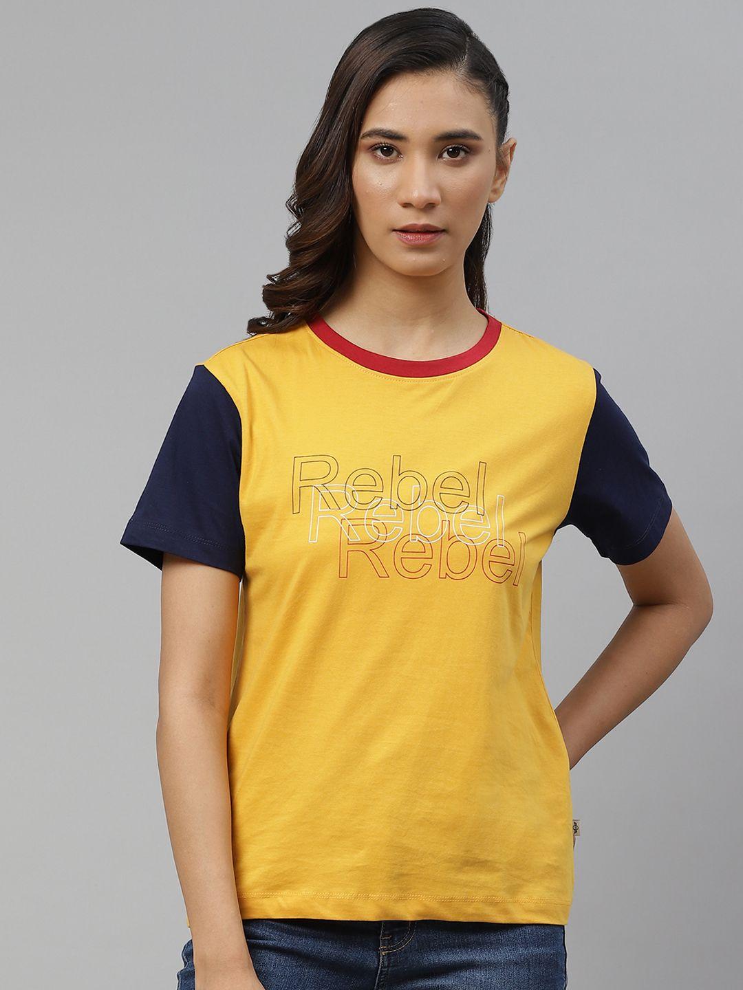 the roadster lifestyle co women mustard yellow typography printed cotton t-shirt