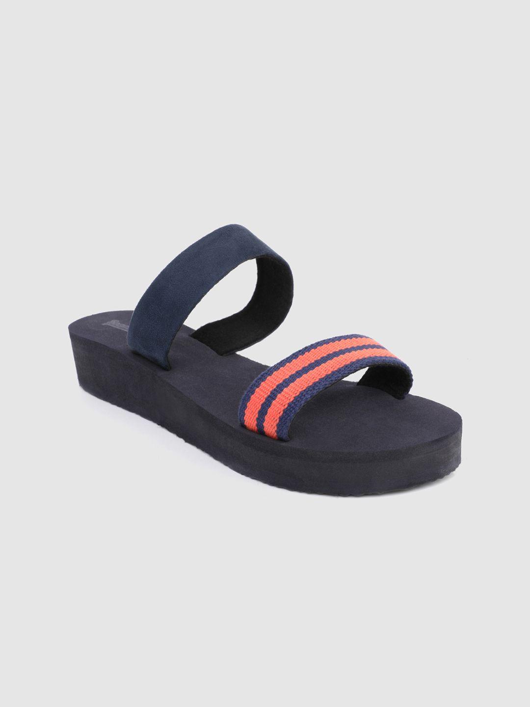 the roadster lifestyle co women navy blue & peach-coloured striped flip flops