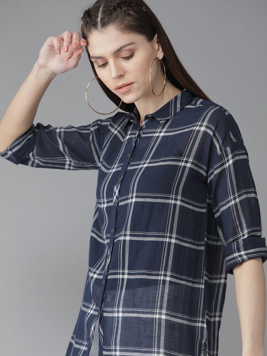 the roadster lifestyle co women navy blue & white regular fit checked longline casual shirt