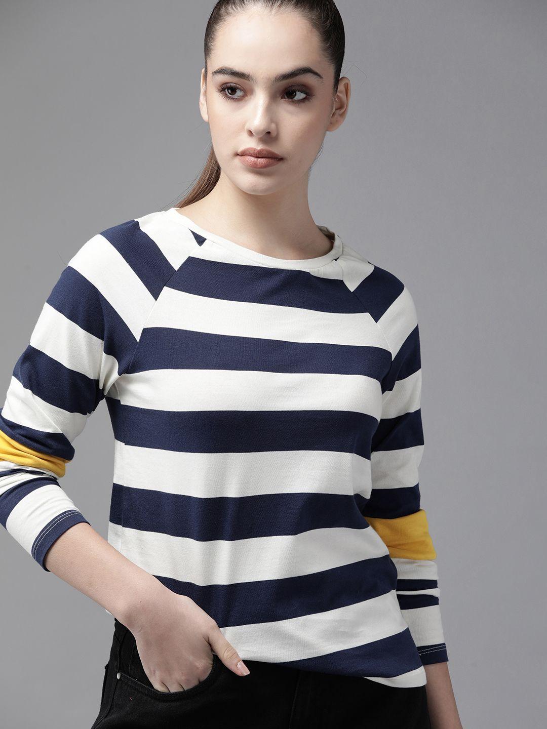 the roadster lifestyle co women navy blue & white striped cotton t-shirt